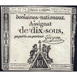 Assignat 34a - 10 sous - 24 octobre 1792 - Série 1066 - Etat : TB-