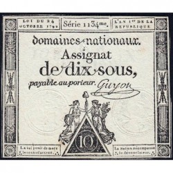 Assignat 34a - 10 sous - 24 octobre 1792 - Série 1134 - Etat : TTB