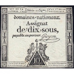 Assignat 34a - 10 sous - 24 octobre 1792 - Série 1134 - Etat : TTB