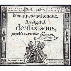 Assignat 34a - 10 sous - 24 octobre 1792 - Série 1218 - Etat : TTB