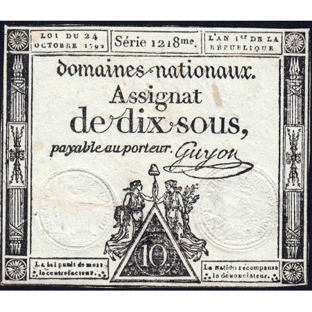 Assignat 34a - 10 sous - 24 octobre 1792 - Série 1218 - Etat : TTB