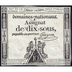 Assignat 34a - 10 sous - 24 octobre 1792 - Série 1258 - Etat : TB+