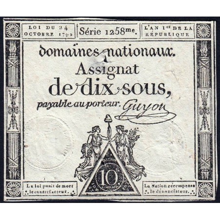 Assignat 34a - 10 sous - 24 octobre 1792 - Série 1258 - Etat : TB+