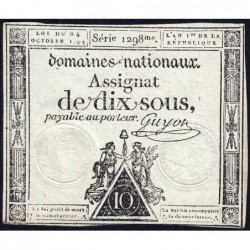 Assignat 34a - 10 sous - 24 octobre 1792 - Série 1298 - Etat : TTB