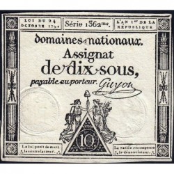 Assignat 34a - 10 sous - 24 octobre 1792 - Série 1362 - Etat : TTB+