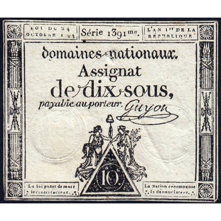 Assignat 34a - 10 sous - 24 octobre 1792 - Série 1391 - Etat : TB+