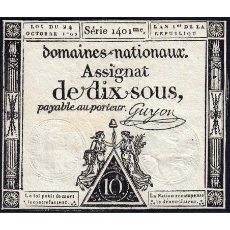 Assignat 34a - 10 sous - 24 octobre 1792 - Série 1401 - Etat : TB