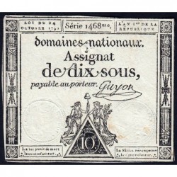 Assignat 34a - 10 sous - 24 octobre 1792 - Série 1468 - Etat : TB+