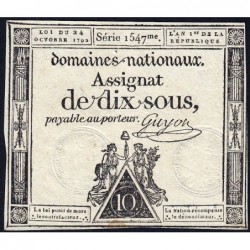 Assignat 34a - 10 sous - 24 octobre 1792 - Série 1547 - Etat : TTB