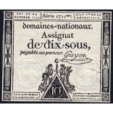 Assignat 34a - 10 sous - 24 octobre 1792 - Série 1711 - Etat : TB+