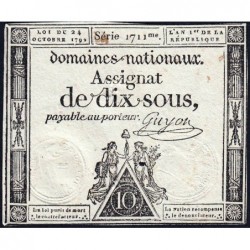 Assignat 34a - 10 sous - 24 octobre 1792 - Série 1711 - Etat : TB+