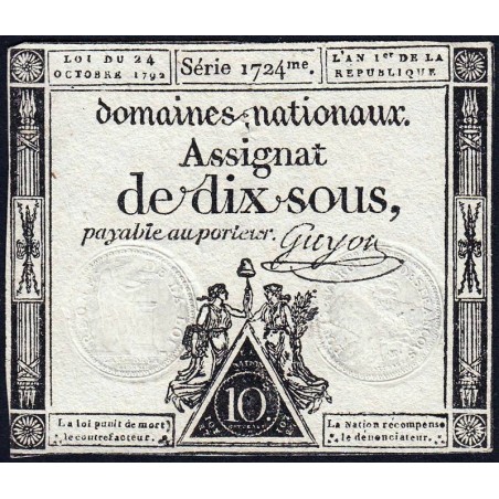 Assignat 34a - 10 sous - 24 octobre 1792 - Série 1724 - Etat : TTB