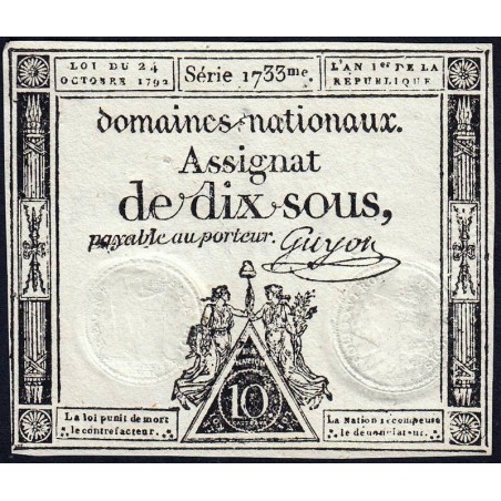 Assignat 34a - 10 sous - 24 octobre 1792 - Série 1733 - Etat : TTB+