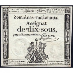 Assignat 34a - 10 sous - 24 octobre 1792 - Série 1733 - Etat : TTB+