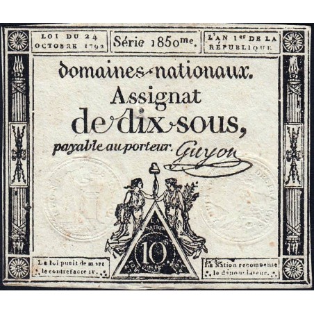 Assignat 34a - 10 sous - 24 octobre 1792 - Série 1850 - Etat : TB