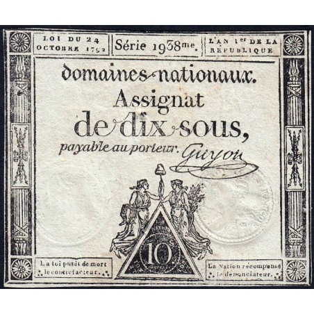 Assignat 34a - 10 sous - 24 octobre 1792 - Série 1938 - Etat : TB