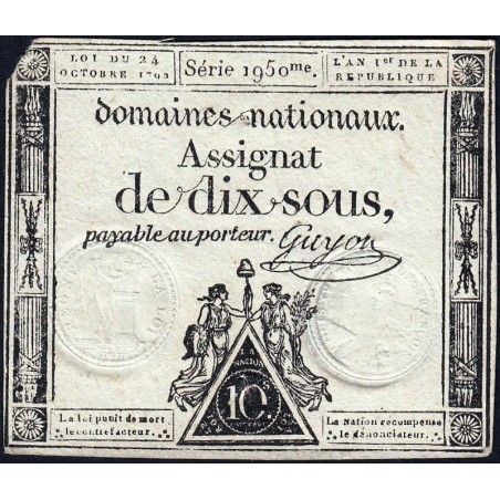 Assignat 34a - 10 sous - 24 octobre 1792 - Série 1950 - Etat : TB-