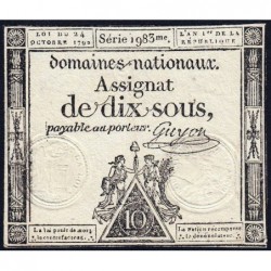 Assignat 34a - 10 sous - 24 octobre 1792 - Série 1983 - Etat : TTB