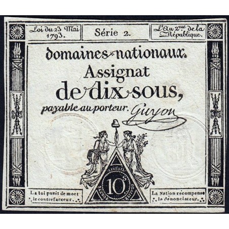 Assignat 40a - 10 sous - 23 mai 1793 - Série 2 - Filigrane royal - Etat : TTB+