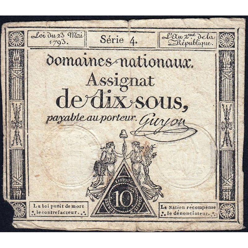 Assignat 40a - 10 sous - 23 mai 1793 - Série 4 - Filigrane royal - Etat : B