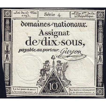 Assignat 40a - 10 sous - 23 mai 1793 - Série 4 - Filigrane royal - Etat : TB+