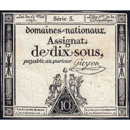 Assignat 40a - 10 sous - 23 mai 1793 - Série 5 - Filigrane royal - Etat : TB