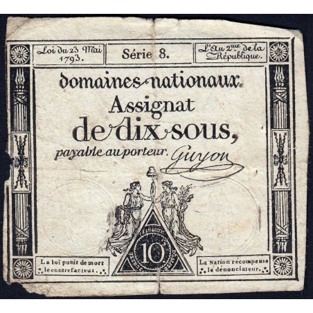 Assignat 40a - 10 sous - 23 mai 1793 - Série 8 - Filigrane royal - Etat : B+