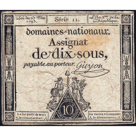 Assignat 40a - 10 sous - 23 mai 1793 - Série 11 - Filigrane royal - Etat : B