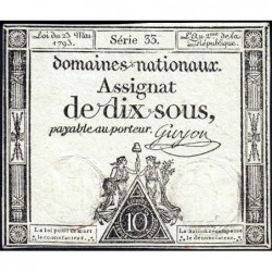 Assignat 40a - 10 sous - 23 mai 1793 - Série 33 - Filigrane royal - Etat : SUP