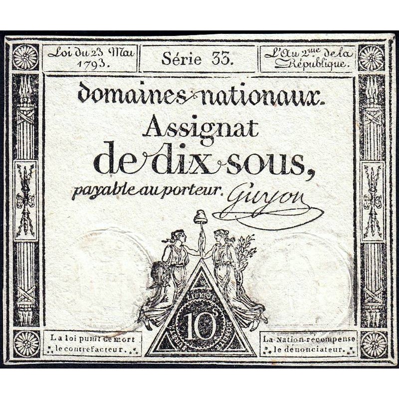 Assignat 40a - 10 sous - 23 mai 1793 - Série 33 - Filigrane royal - Etat : SUP