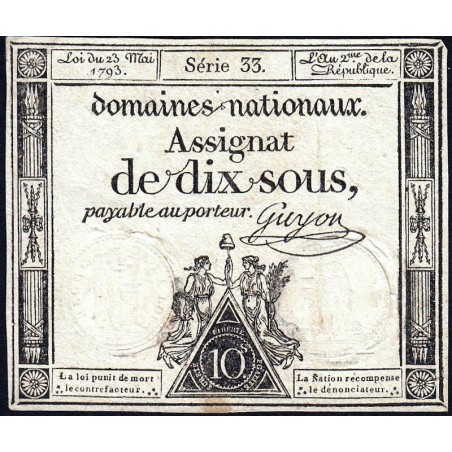 Assignat 40a - 10 sous - 23 mai 1793 - Série 33 - Filigrane royal - Etat : TTB+