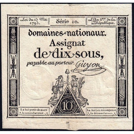 Assignat 40a - 10 sous - 23 mai 1793 - Série 10 - Filigrane royal - Etat : TTB