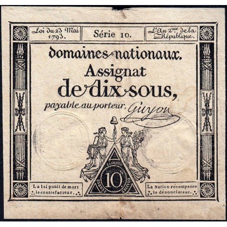 Assignat 40a - 10 sous - 23 mai 1793 - Série 10 - Filigrane royal - Etat : TB+