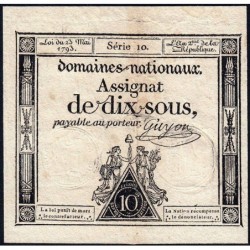 Assignat 40a - 10 sous - 23 mai 1793 - Série 10 - Filigrane royal - Etat : TB+