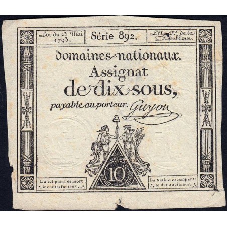 Assignat 40c - 10 sous - 23 mai 1793 - Série 892 - Filigrane républicain - Etat : TB+