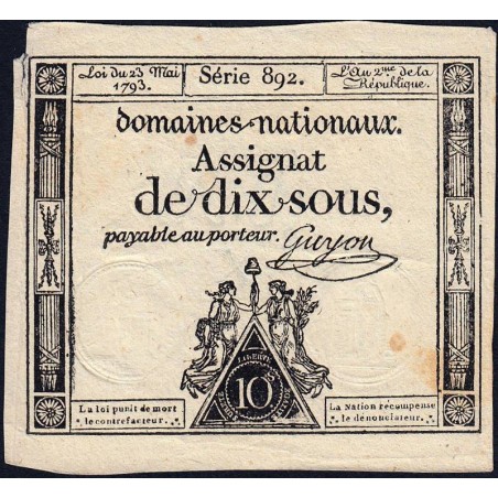 Assignat 40c - 10 sous - 23 mai 1793 - Série 892 - Filigrane républicain - Etat : TB