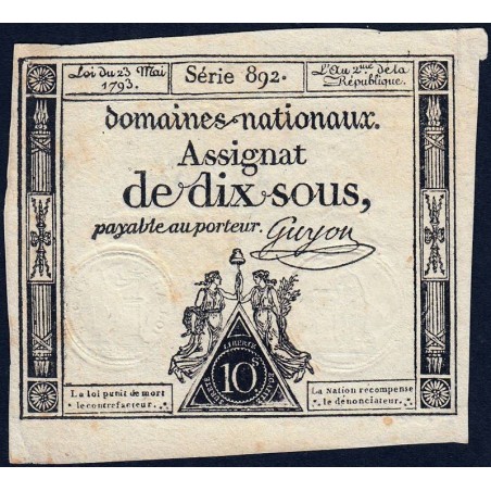 Assignat 40c - 10 sous - 23 mai 1793 - Série 892 - Filigrane républicain - Etat : TB+