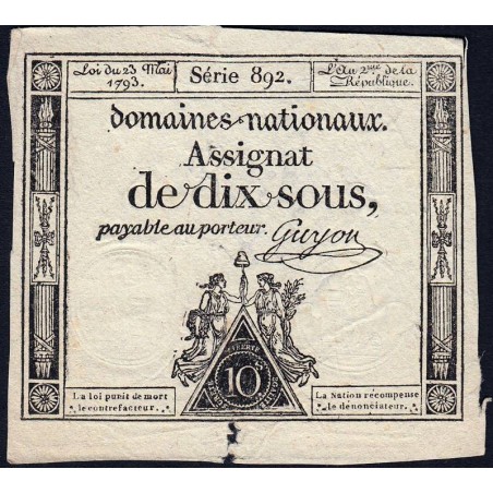 Assignat 40c - 10 sous - 23 mai 1793 - Série 892 - Filigrane républicain - Etat : TB