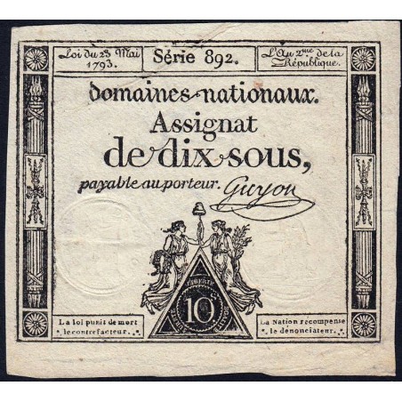 Assignat 40c - 10 sous - 23 mai 1793 - Série 892 - Filigrane républicain - Etat : TTB