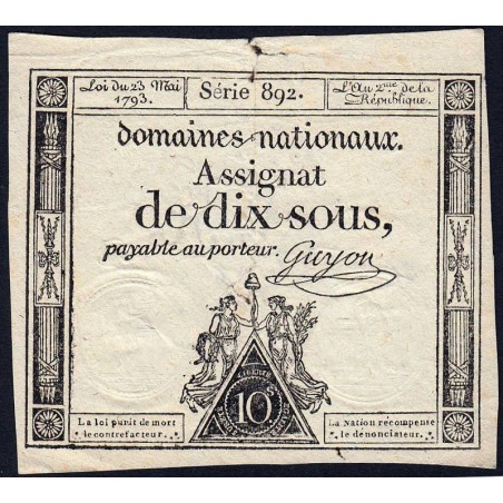 Assignat 40c - 10 sous - 23 mai 1793 - Série 892 - Filigrane républicain - Etat : TB+