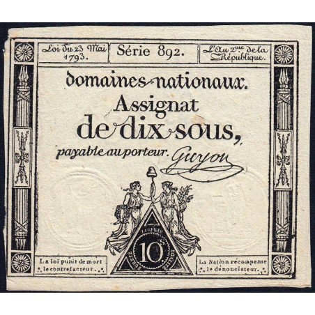 Assignat 40c - 10 sous - 23 mai 1793 - Série 892 - Filigrane républicain - Etat : TTB