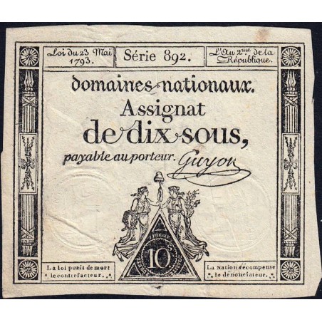 Assignat 40c - 10 sous - 23 mai 1793 - Série 892 - Filigrane républicain - Etat : TB+