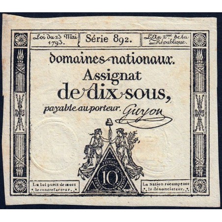 Assignat 40c - 10 sous - 23 mai 1793 - Série 892 - Filigrane républicain - Etat : TTB+