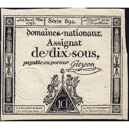 Assignat 40c - 10 sous - 23 mai 1793 - Série 892 - Filigrane républicain - Etat : TTB