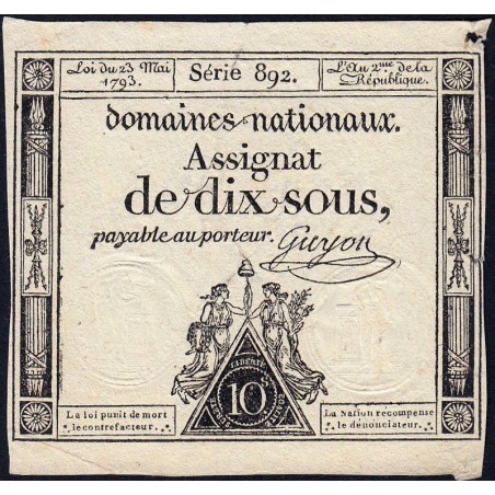 Assignat 40c - 10 sous - 23 mai 1793 - Série 892 - Filigrane républicain - Etat : TTB