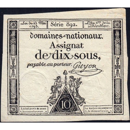 Assignat 40c - 10 sous - 23 mai 1793 - Série 892 - Filigrane républicain - Etat : TTB+