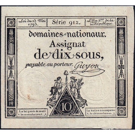 Assignat 40c - 10 sous - 23 mai 1793 - Série 912 - Filigrane républicain - Etat : TTB-