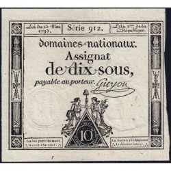 Assignat 40c - 10 sous - 23 mai 1793 - Série 912 - Filigrane républicain - Etat : SUP+