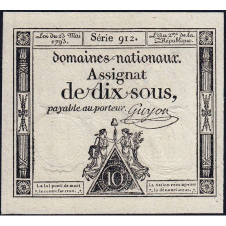 Assignat 40c - 10 sous - 23 mai 1793 - Série 912 - Filigrane républicain - Etat : TTB