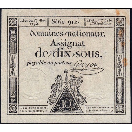 Assignat 40c - 10 sous - 23 mai 1793 - Série 912 - Filigrane républicain - Etat : TB+